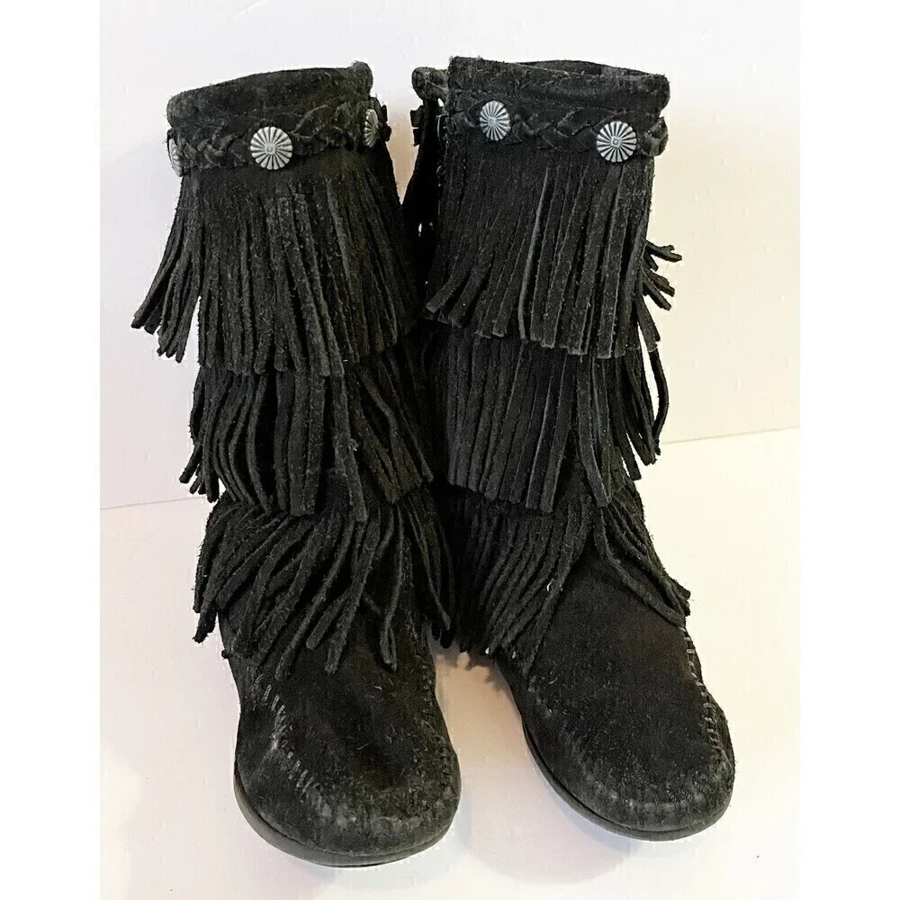 Minnetonka Moccasin Girls Black Boots 3 Layer Fringe Sz 12 Syle 2659 Leather